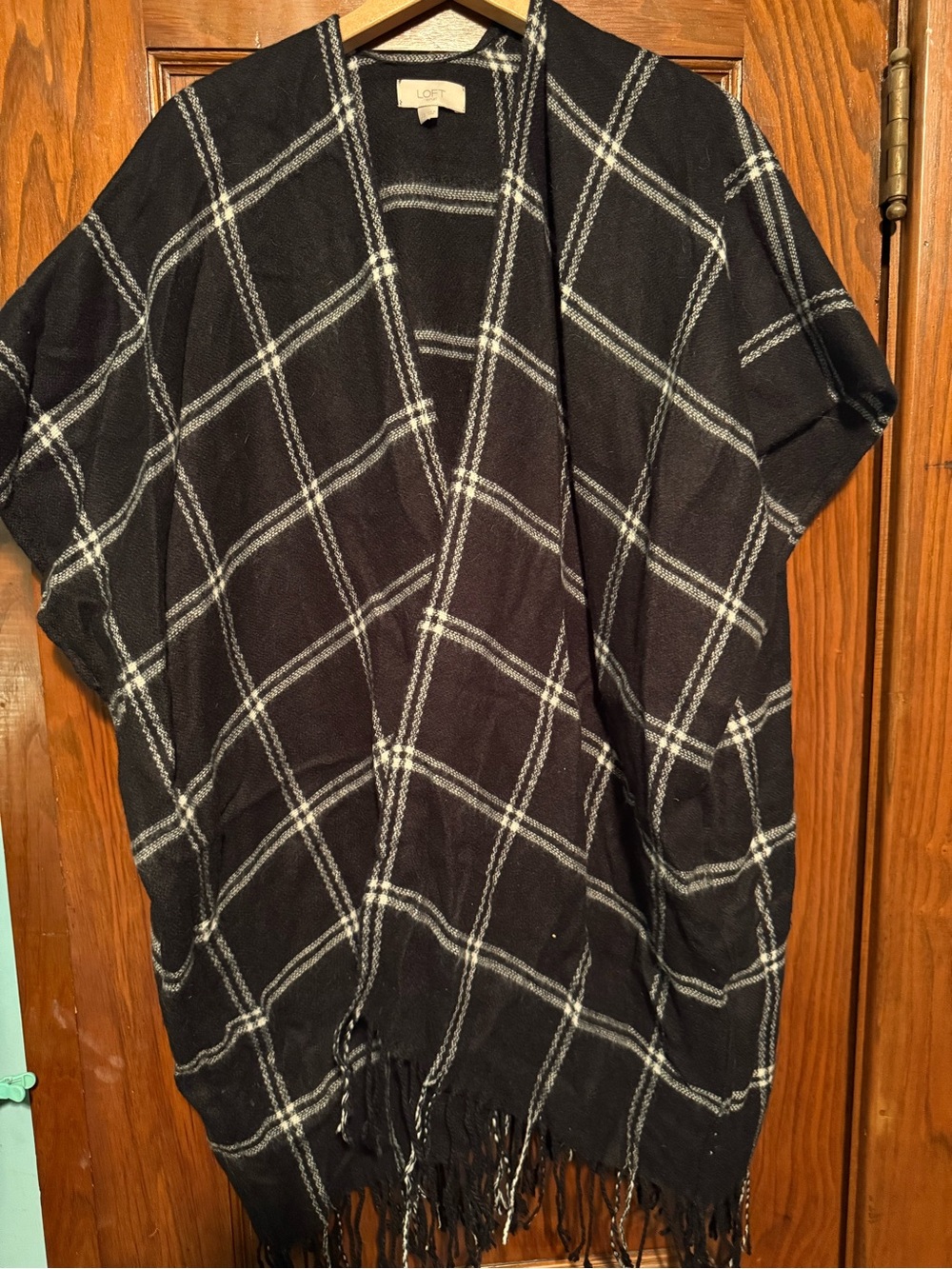 LOFT Black Windowpane Plaid Poncho with Fringe